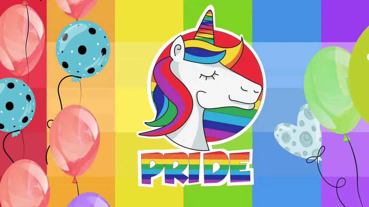 Animation of pride text with unicorn and balloons on rainbow background