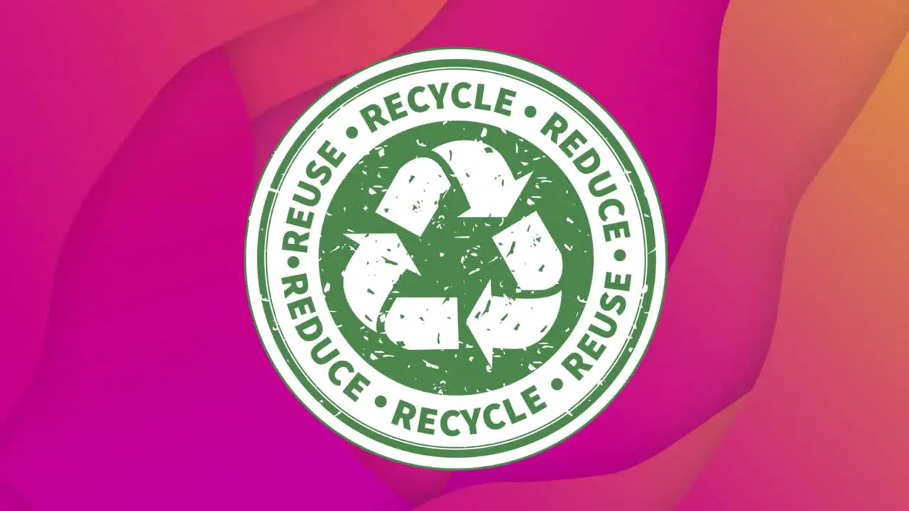 Animation of recycling badge with recycle reuse reduce texts on pink background