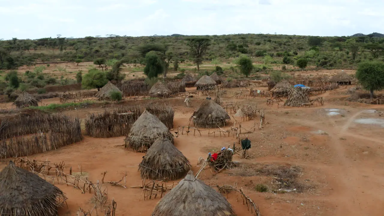 Fly Over Fenced And Thatched Roof Houses In Hamar Tribe Village In Omo Valley Southern Ethiopia