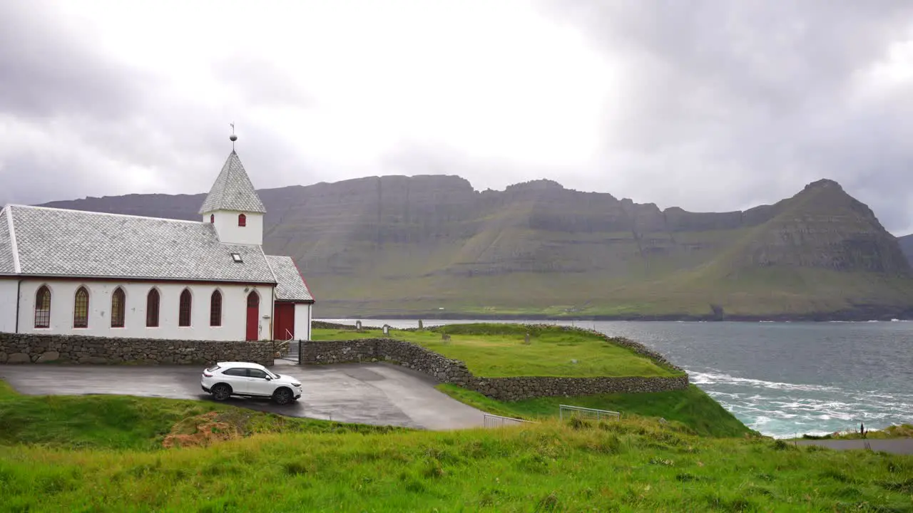 White church of Vidareidi standing facing the Atlantic Ocean