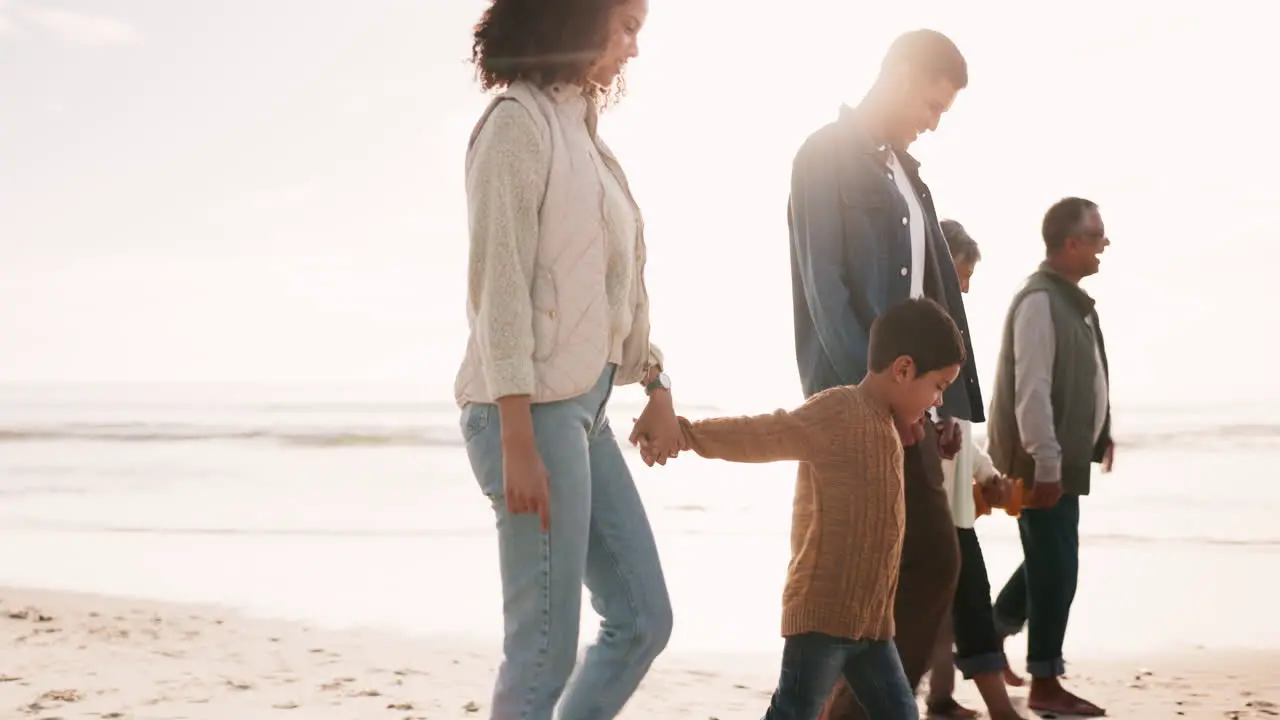 Sunset beach and big family walking on holiday