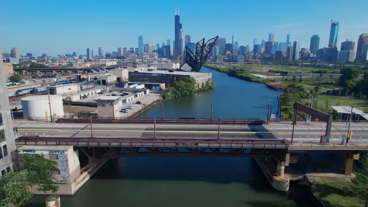 Drone Over Famous 18th Street Bridge Chicago Downtown Skyline