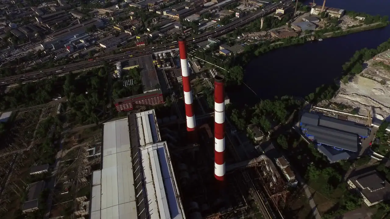 Chimney on industrial plant in city Aerial view industrial pipe on factory area