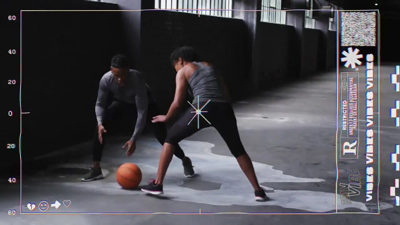 Digital animation of video game interface against man and woman playing basketball