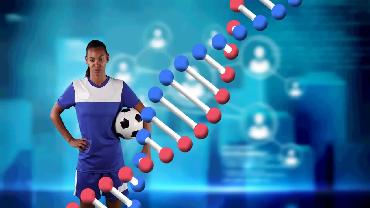 Animation of dna strand over female football player holding ball