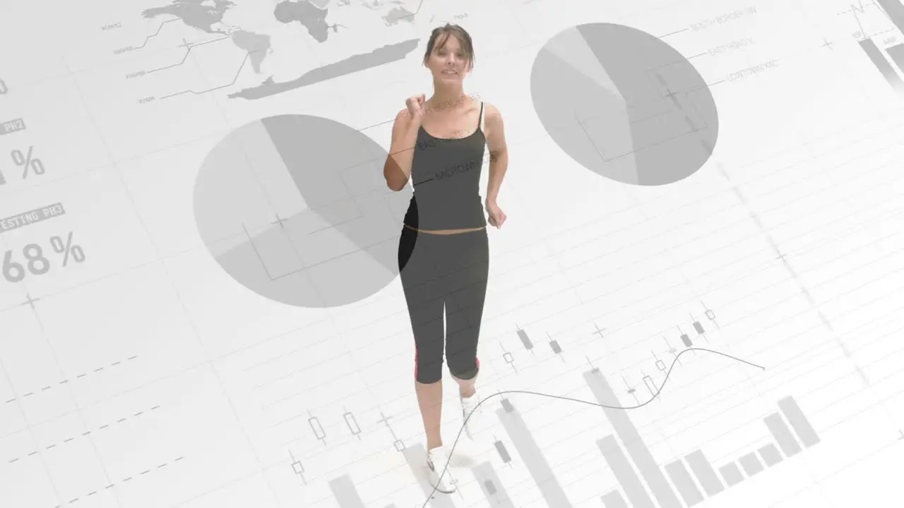 Animation of statistical data processing over caucasian fit woman running against white background