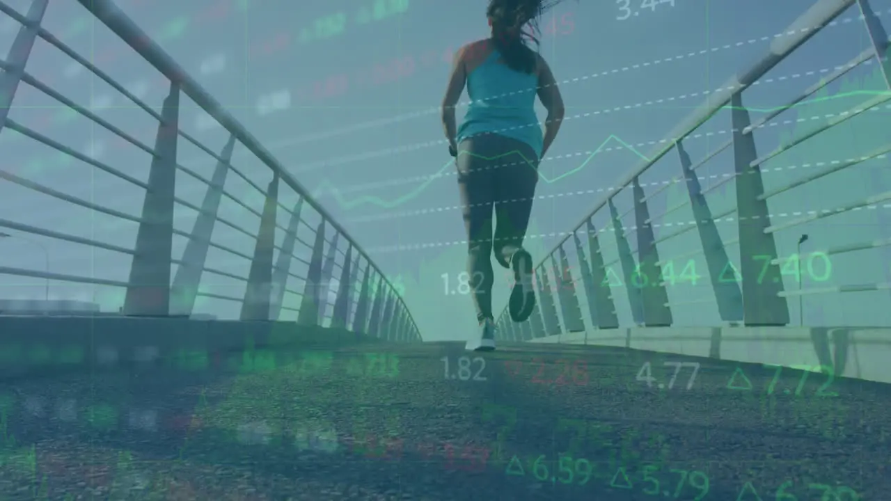 Animation of stock market data processing against rear view of fit woman running on the bridge