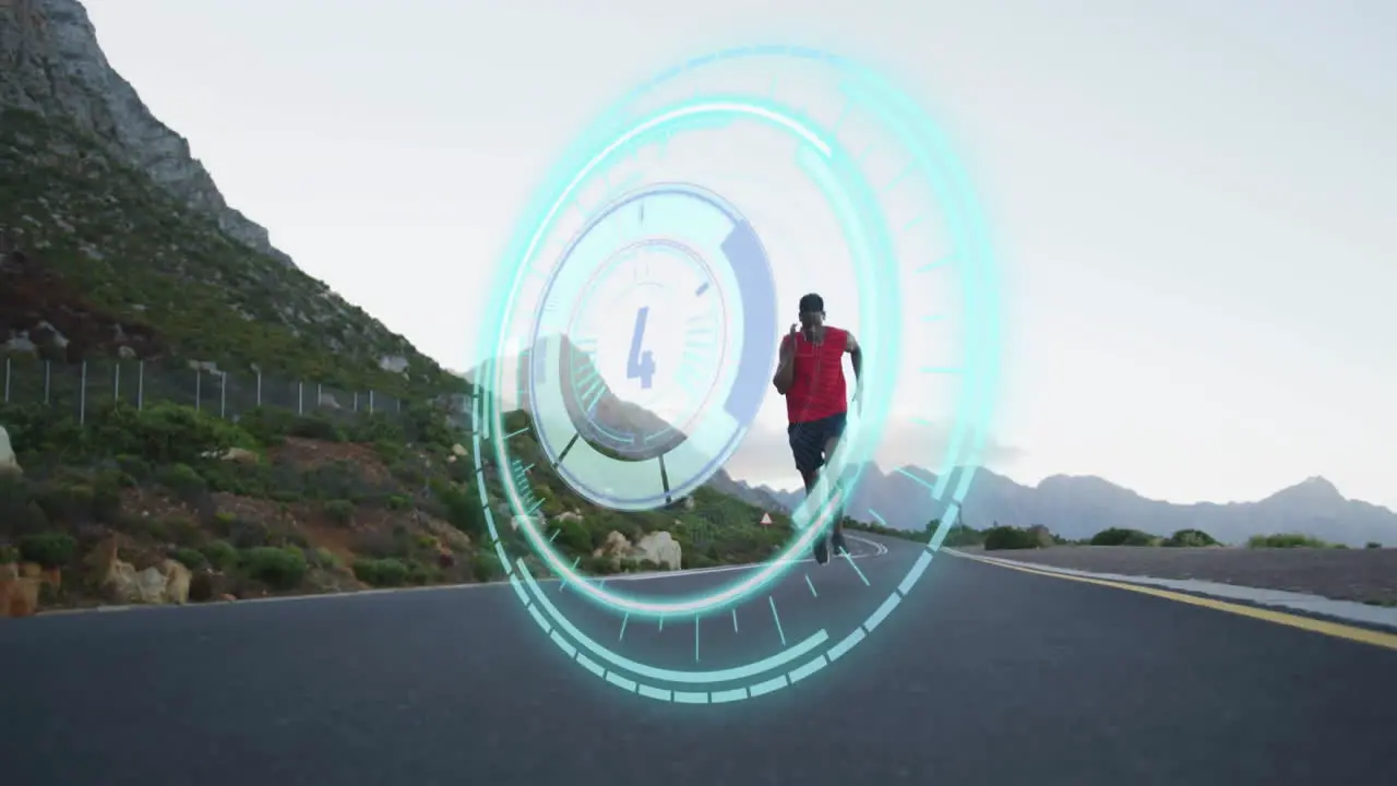 Animation of circular scanner with countdown over african american male athlete running on road