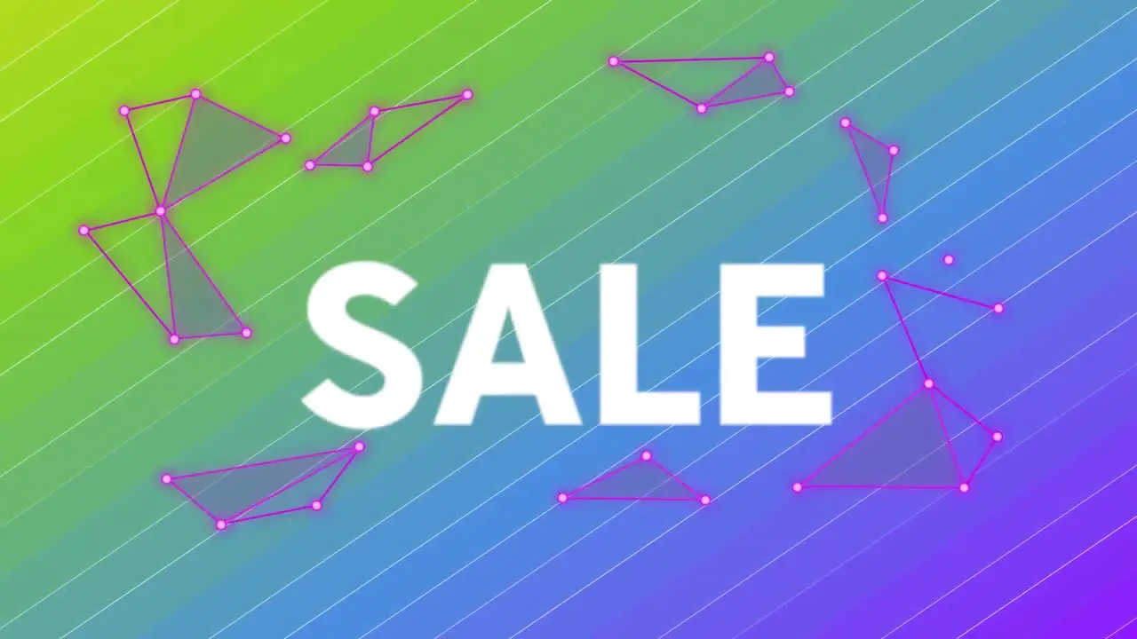 Animation of sale text over network of connections on colorful background