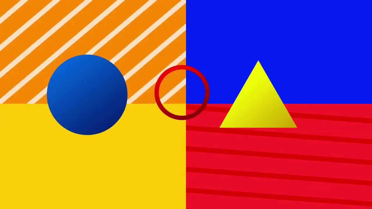 Animation of shapes in blue red and yellow colors on colorful background