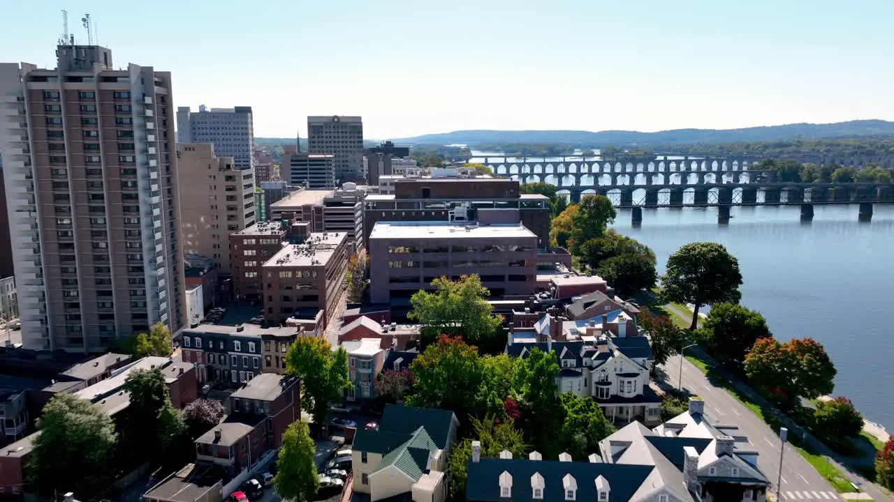 aerial of high rises condos and businesses along the susquehanna river in harrisburg pennsylvania