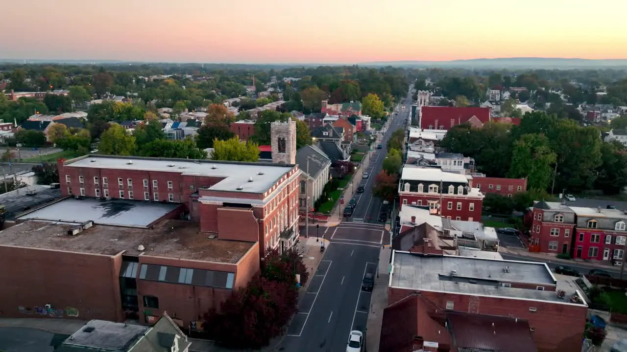 aerial fast push over hagerstown maryland at sunrise