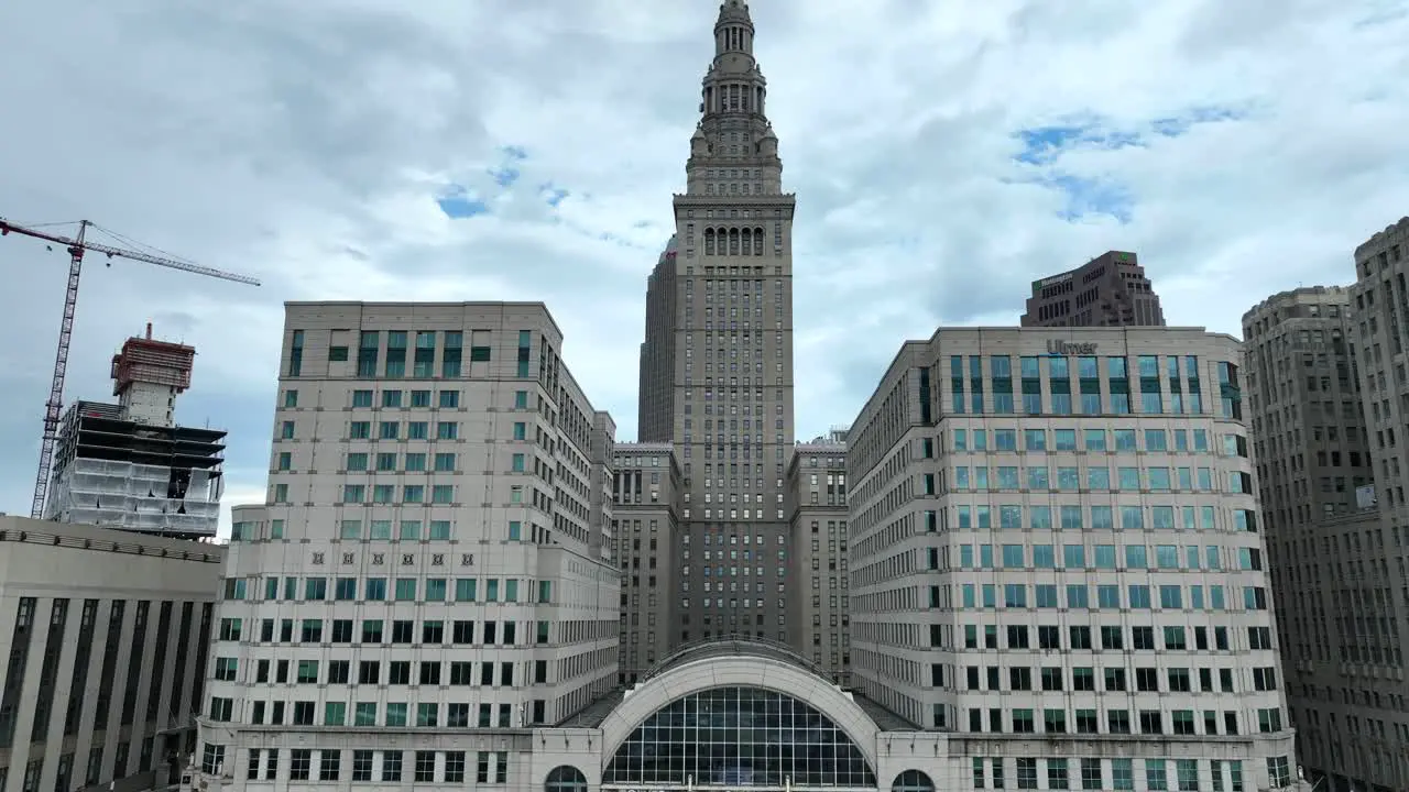 Downtown Cleveland Ohio USA Drone Shot of Tower City Center Shopping Mall and Terminal Tower Residences Skyscraper Building