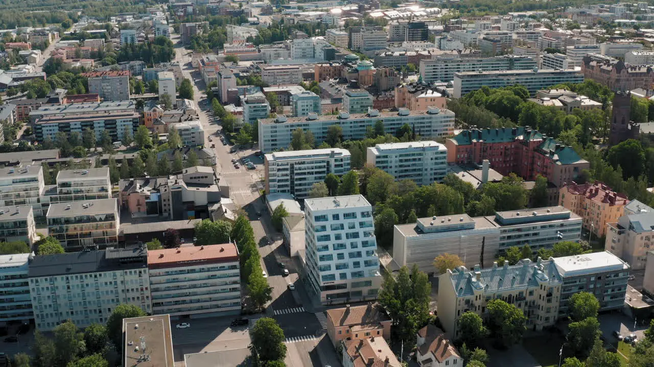 Wide High altitude establishing view over Vaasa city in Finland