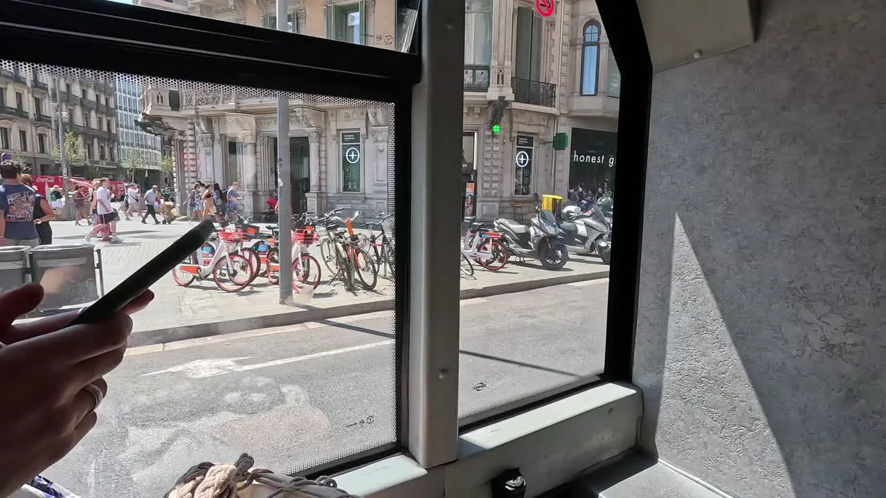 Outside views from bus Pov video City tour around the city of Barcelona by bus Spain