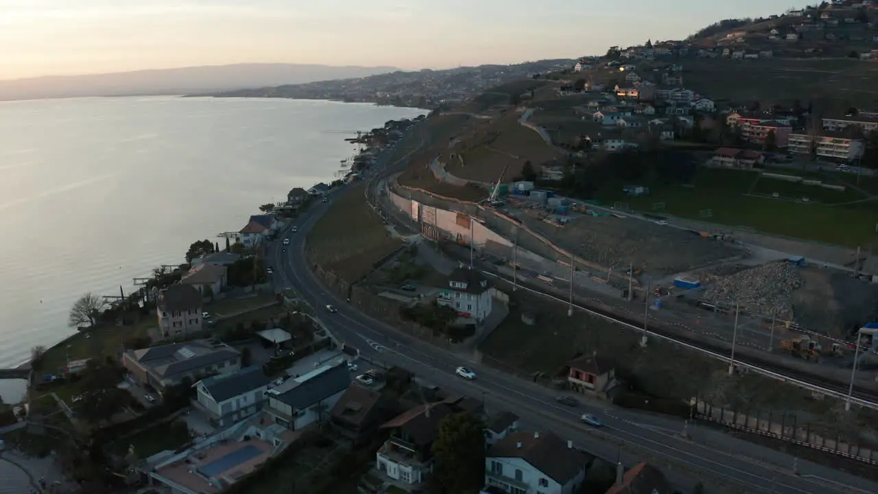 Aerial of busy highway running through Swiss landscape