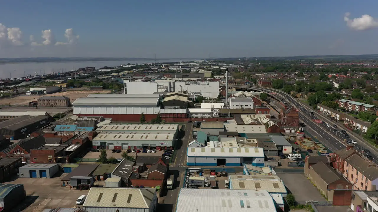 Aerial view of A63 and Hessle road with industry and business in the foreground in Hull