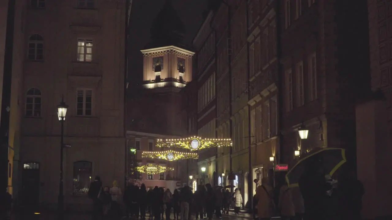 People Walk Crowded Old Medieval Streets of Warsaw City Poland Royal Castle