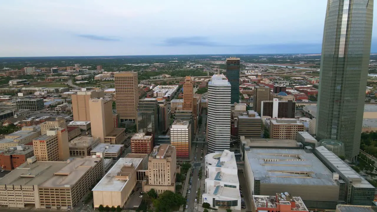 High-rise in Downtown Oklahoma city sunrise in USA Aerial wide panoramic view