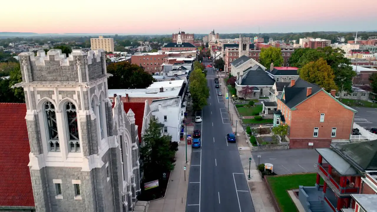 aerial push over hagerstown maryland at sunrise