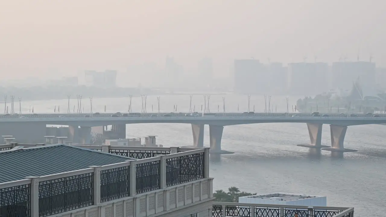 Sandstorm in Dubai city traffic on Garhoud bridge