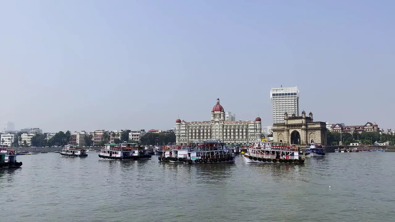 An overview shot of the Taj Mahal hotel and the Gate way of India taken from the sea