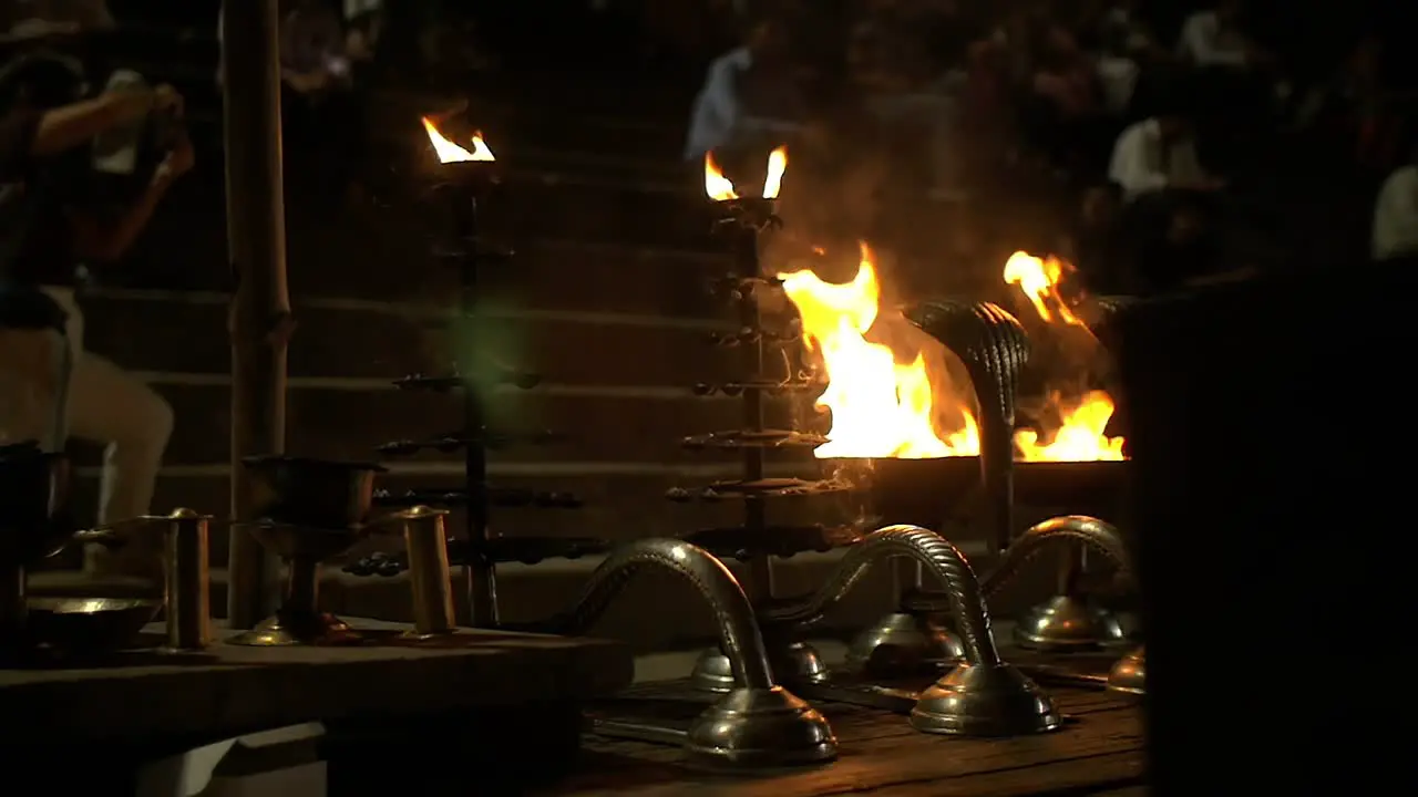 Panning Shot of Burning Ganga Aarti Bowls