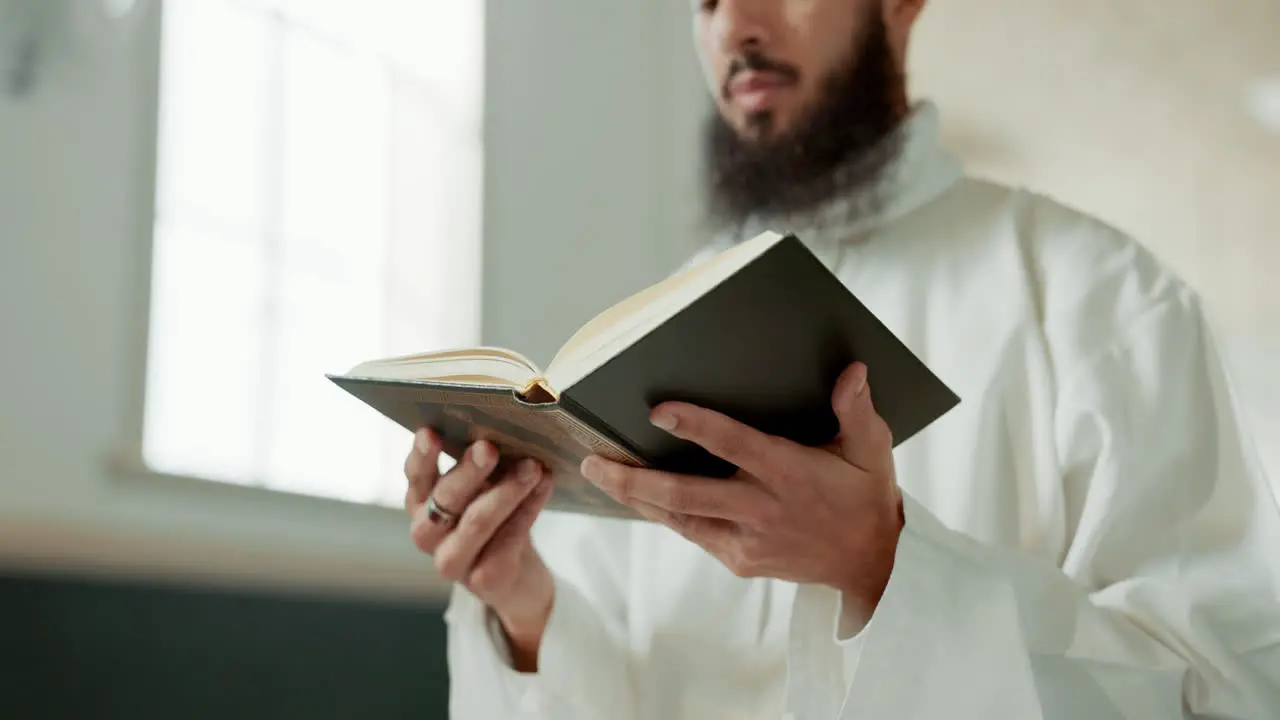 Muslim man reciting and mosque for reading quran