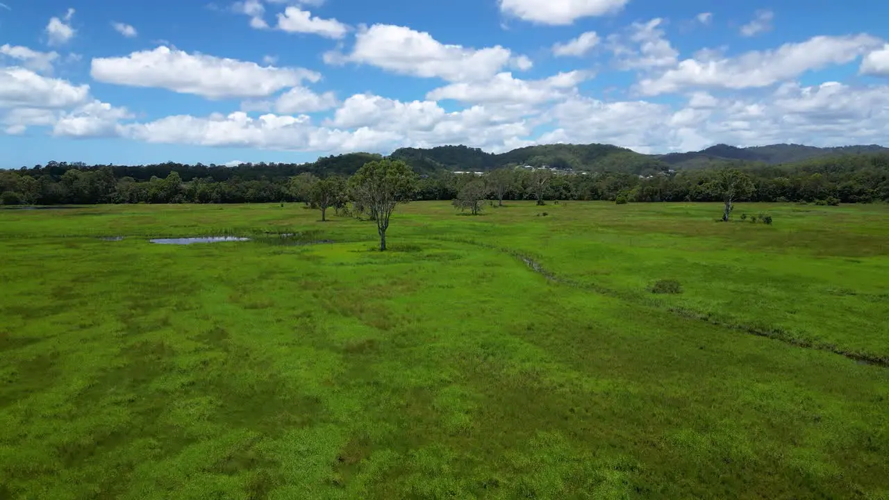 Forward moving aerial over Mudgeeraba Creek and green space Gold Coast Queensland Australia