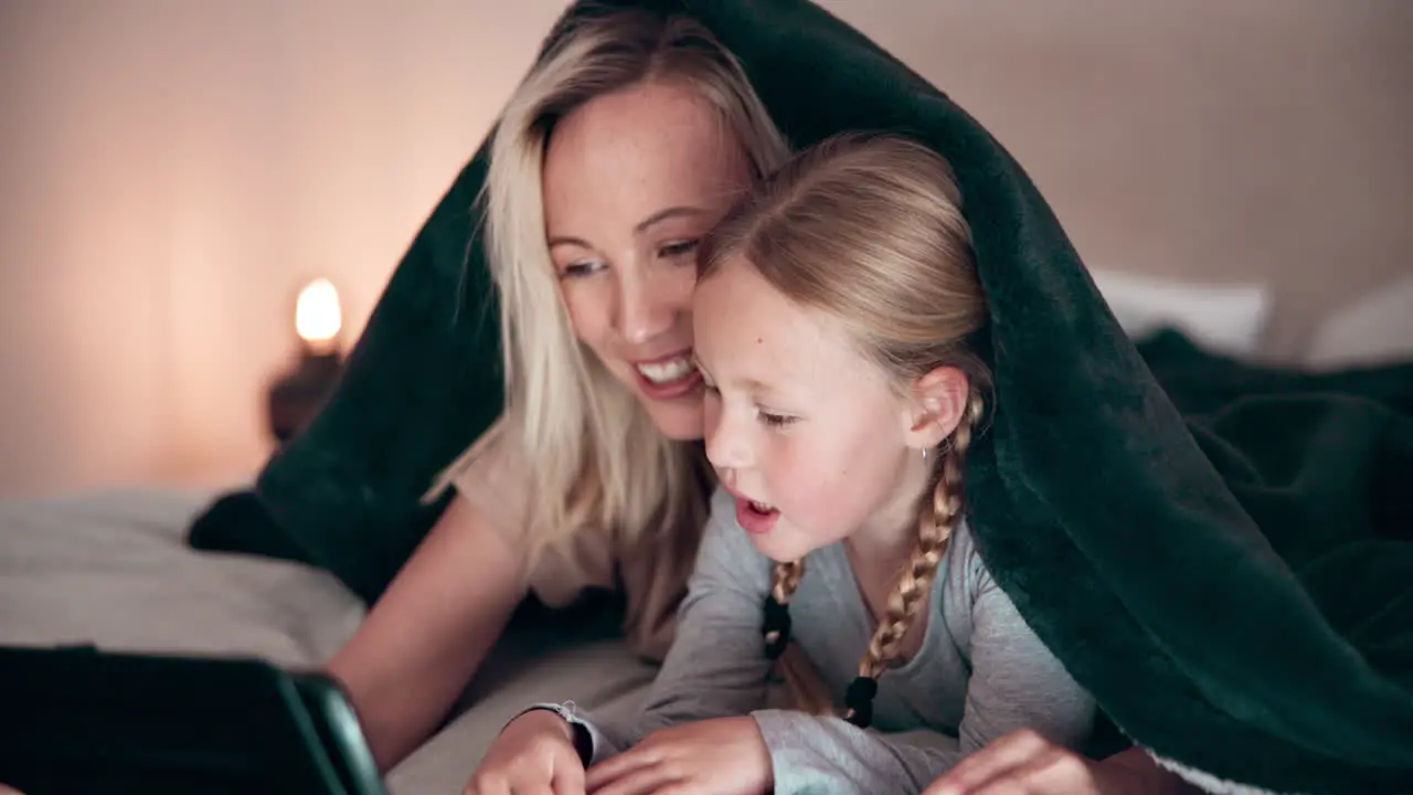 Mom daughter and tablet in bedroom at night