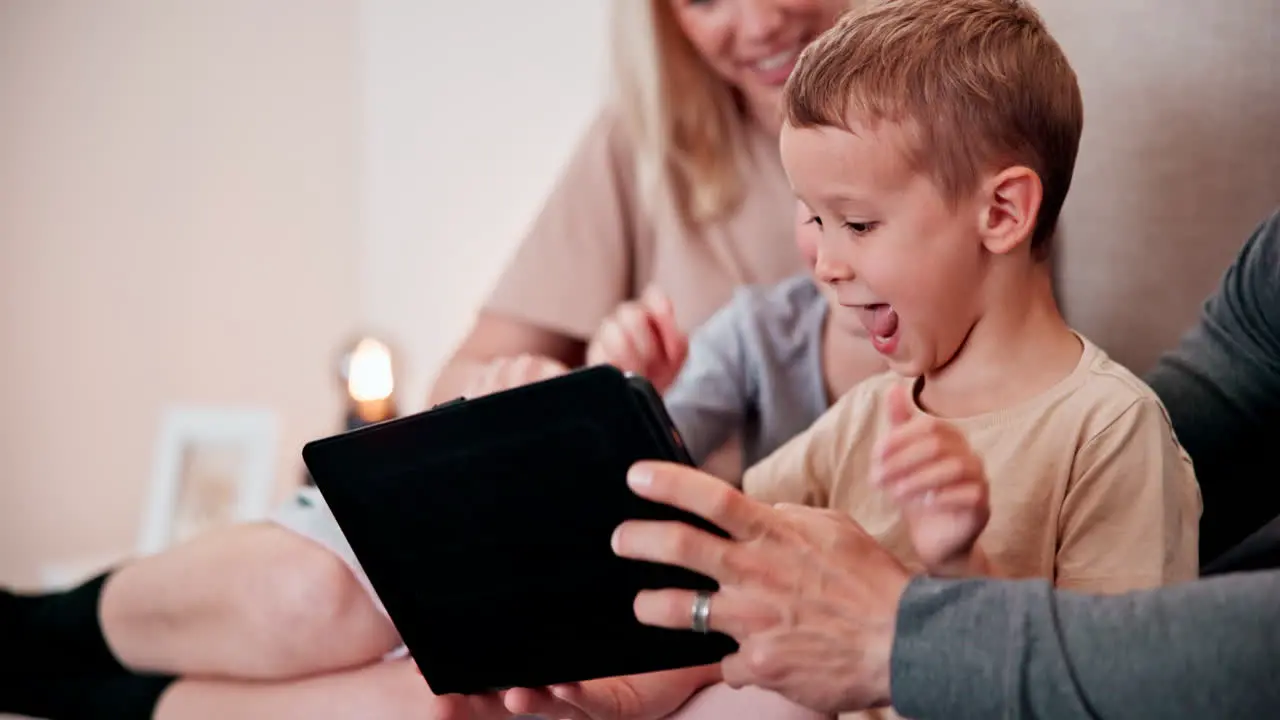 Parents children and selfie on tablet