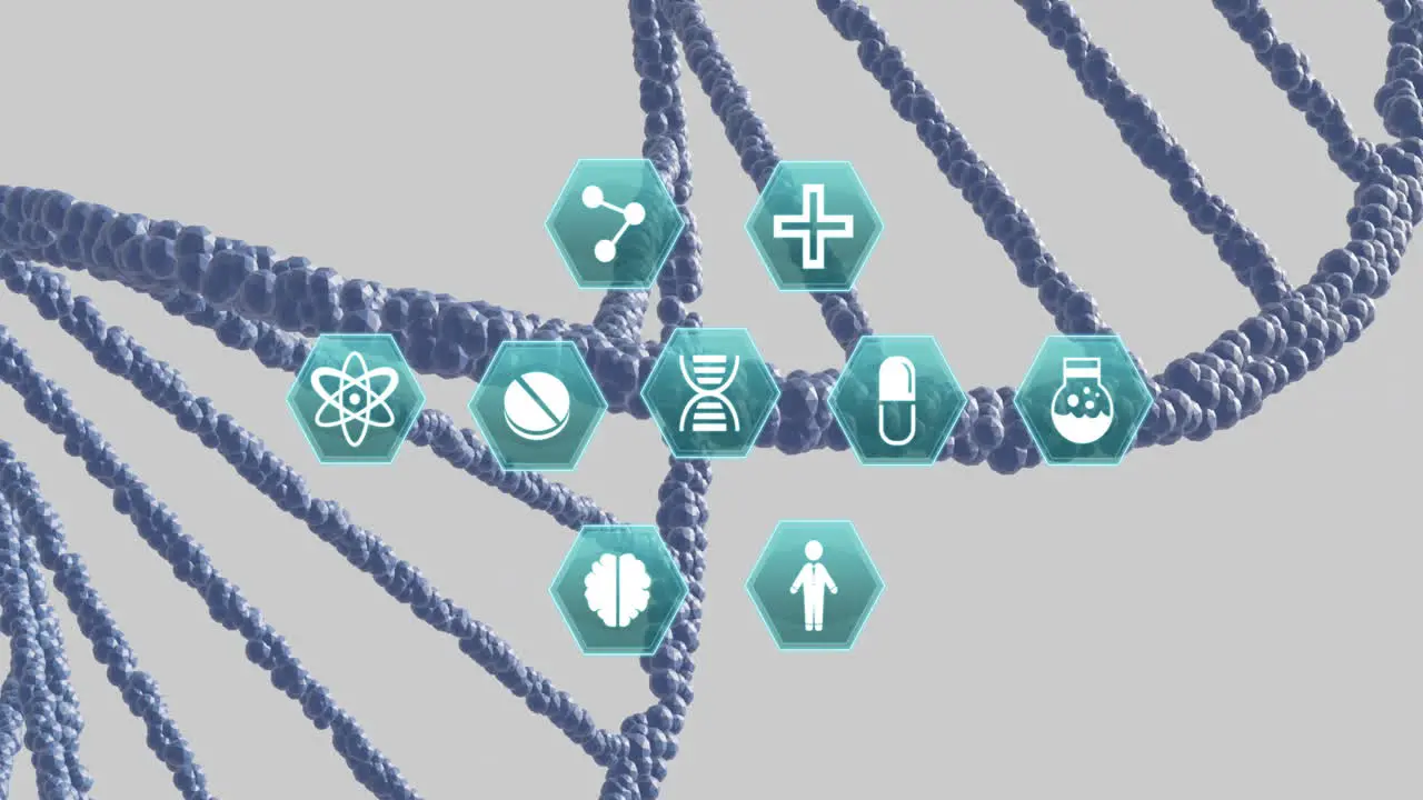 Animation of medical icons over dna on grey background