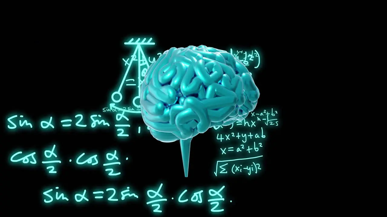 Animation of spinning brain over mathematical equations and figures