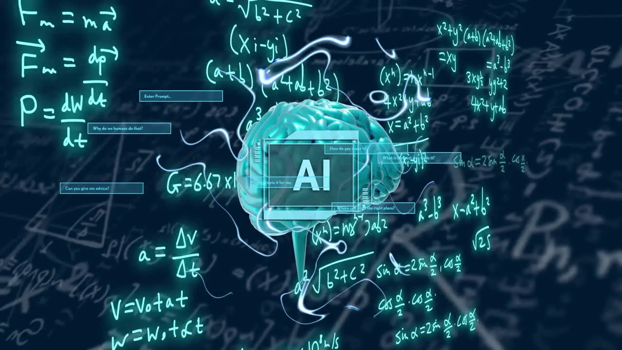 Animation of spinning brain and ai text over mathematical equations and figures