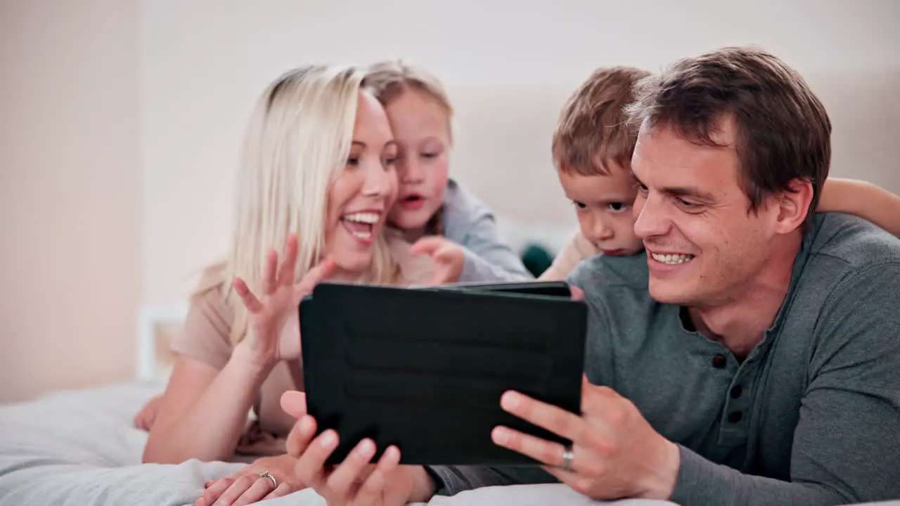 Happy family video call and bedroom with tablet