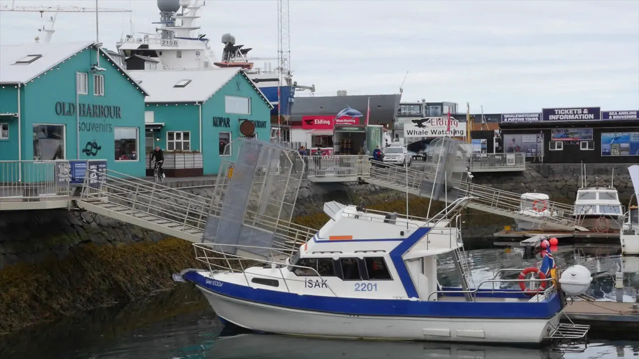 Iceland Reykjavik Boat Harbor With Blue And White Power Boat