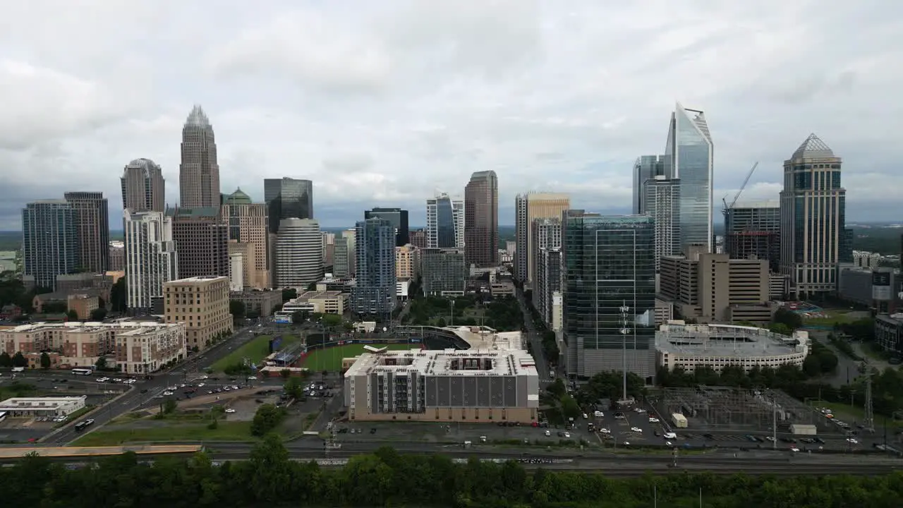 Cloudy Charlotte Skyline Aerial Drone from Right to Left