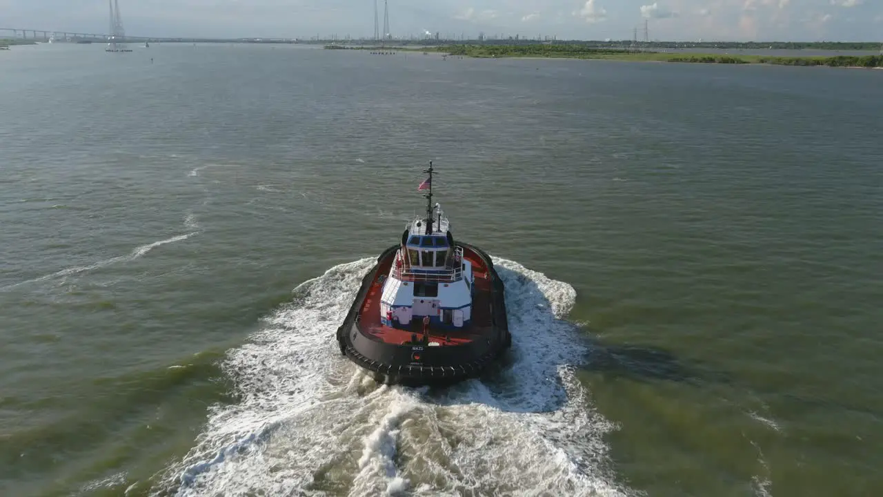 Drone view of tugboat in water