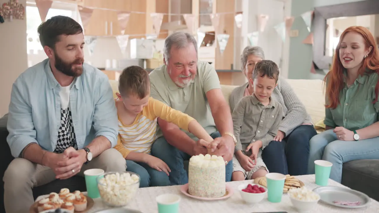 Cut birthday boy or happy family with cake