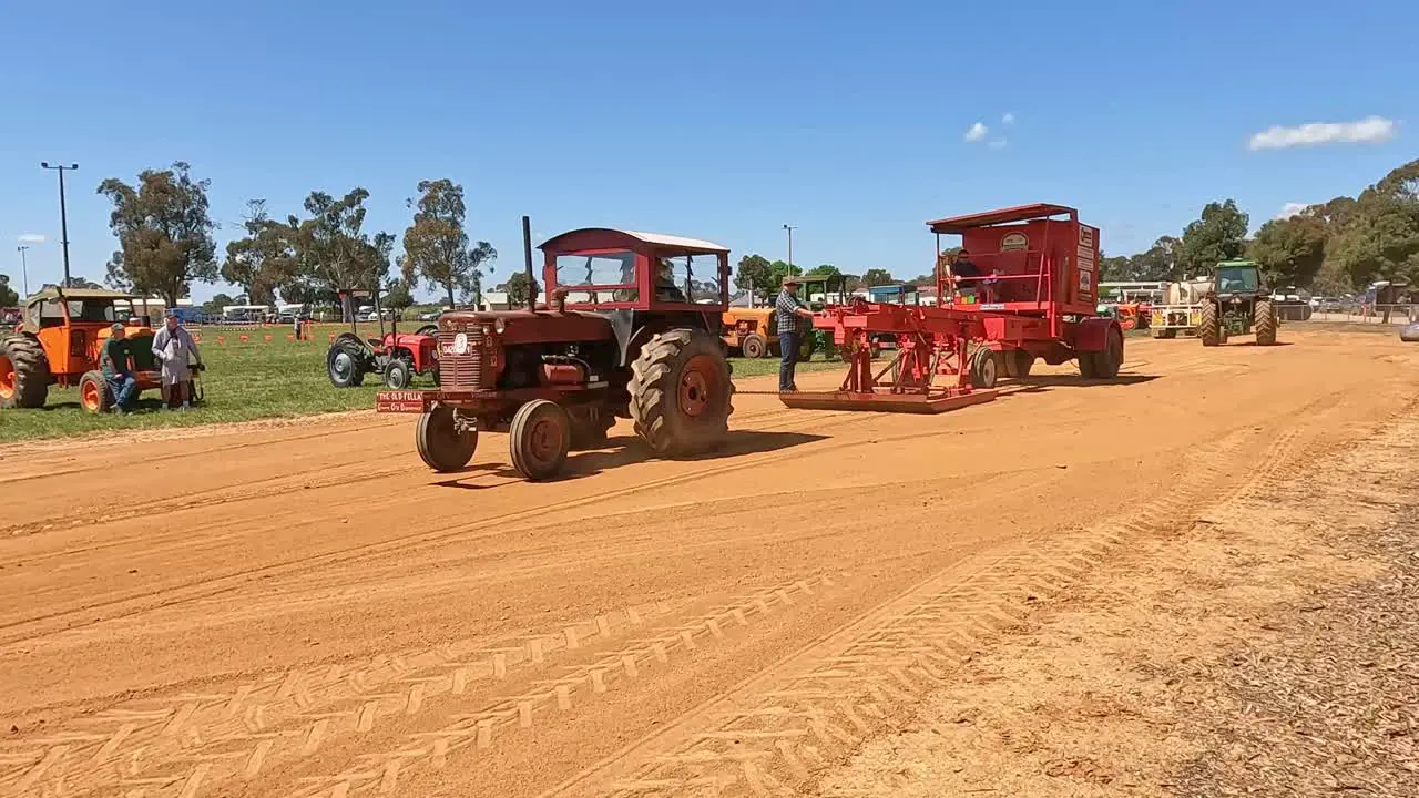 Yarrawonga Victoria Australia 7 October 2023 Old tractor with early enclosed cabin pulling the sled at a tractor pull event at the Yarrawonga Show in Victoria Australia