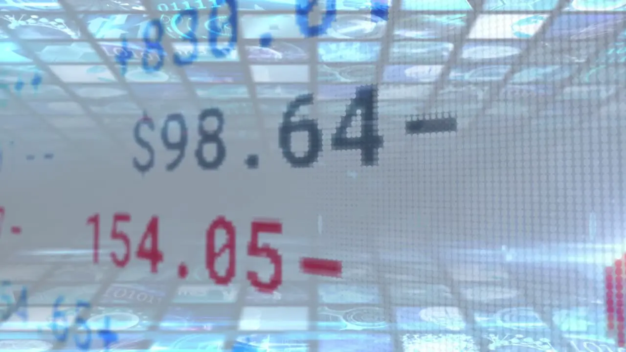 Digital animation of stock market data processing against screens of digital icons