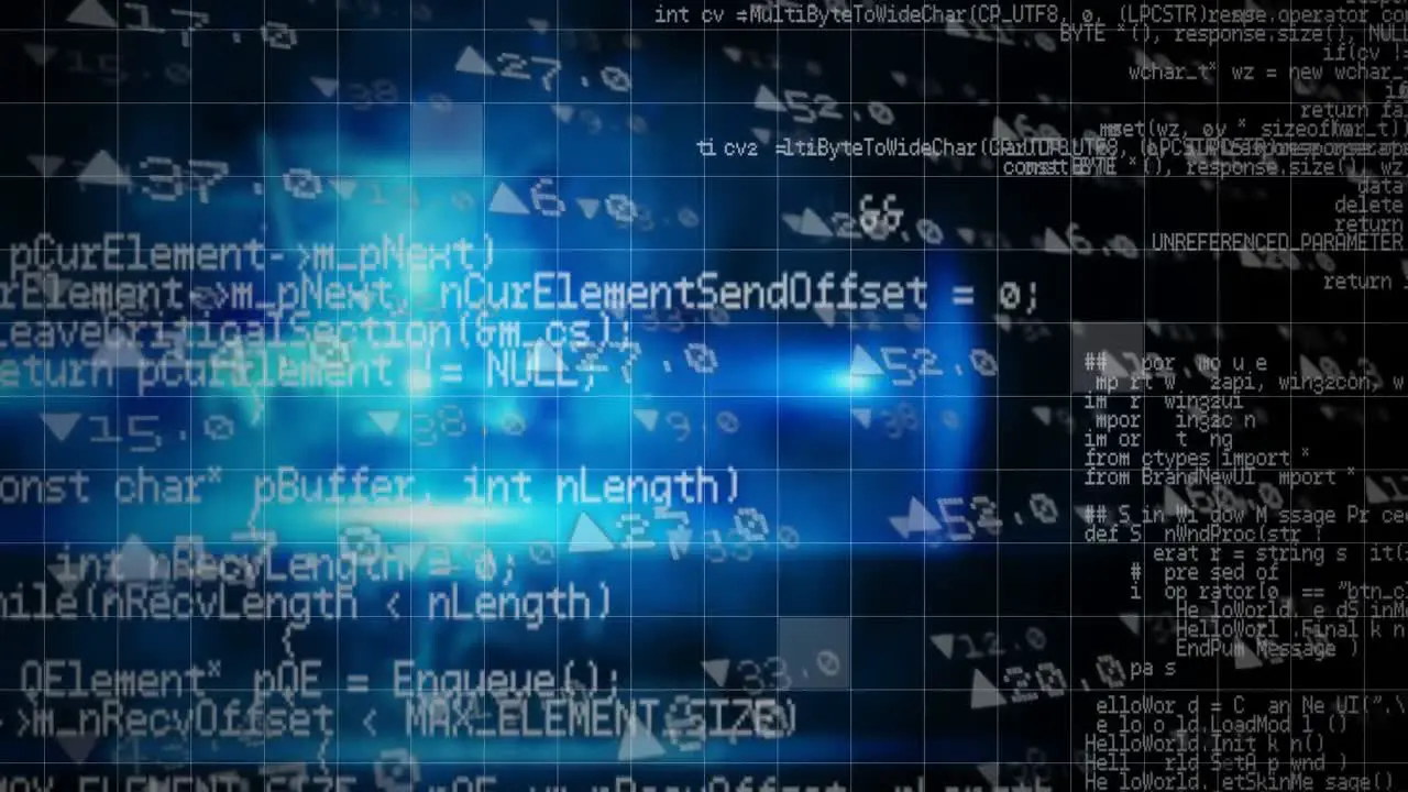 Digital animation of stock market data processing against blue light trails on black background