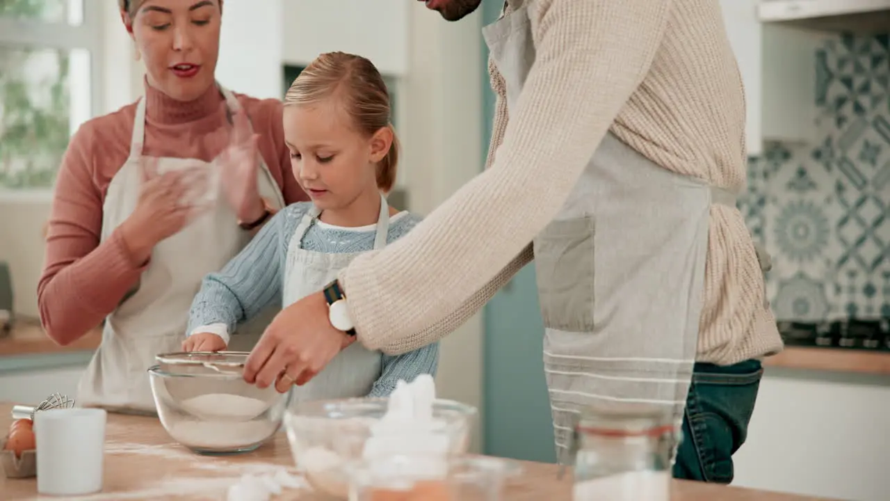 Mother father or girl learning to bake in kitchen