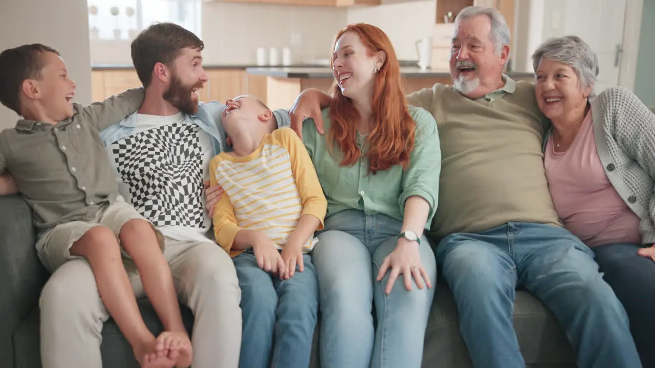 Big family kids and grandparents with sofa