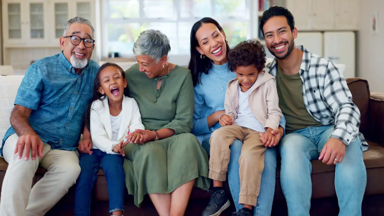 Happy big family and portrait on sofa in living