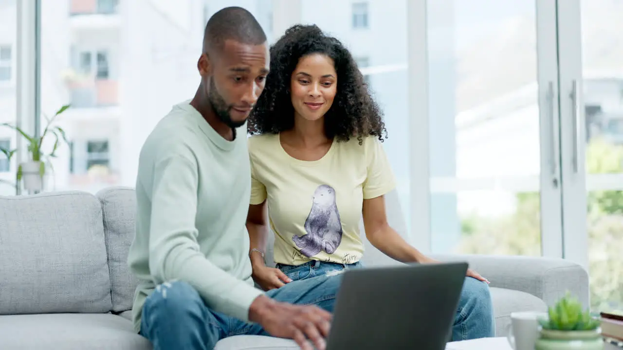 Laptop relax and couple with love on a sofa