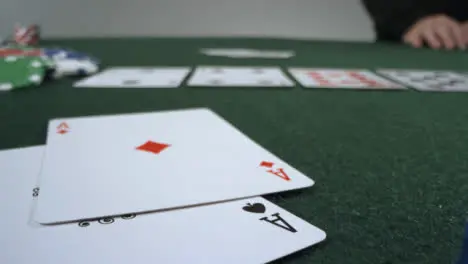 Sliding Extreme Close Up Shot of Poker Player Revealing Pocket Aces