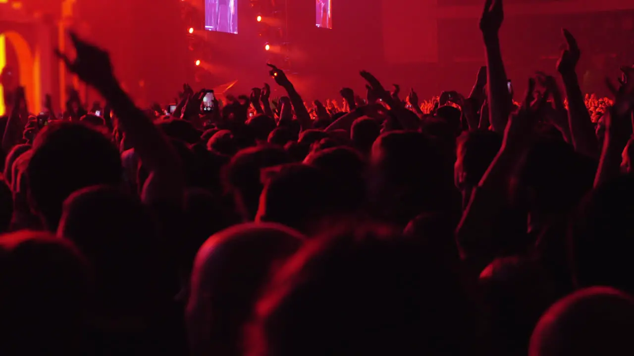 Dancing crowd with hands up at the music festival