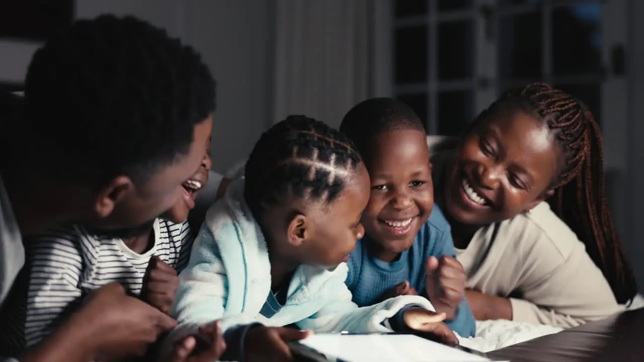 Black family funny and tablet in home bedroom