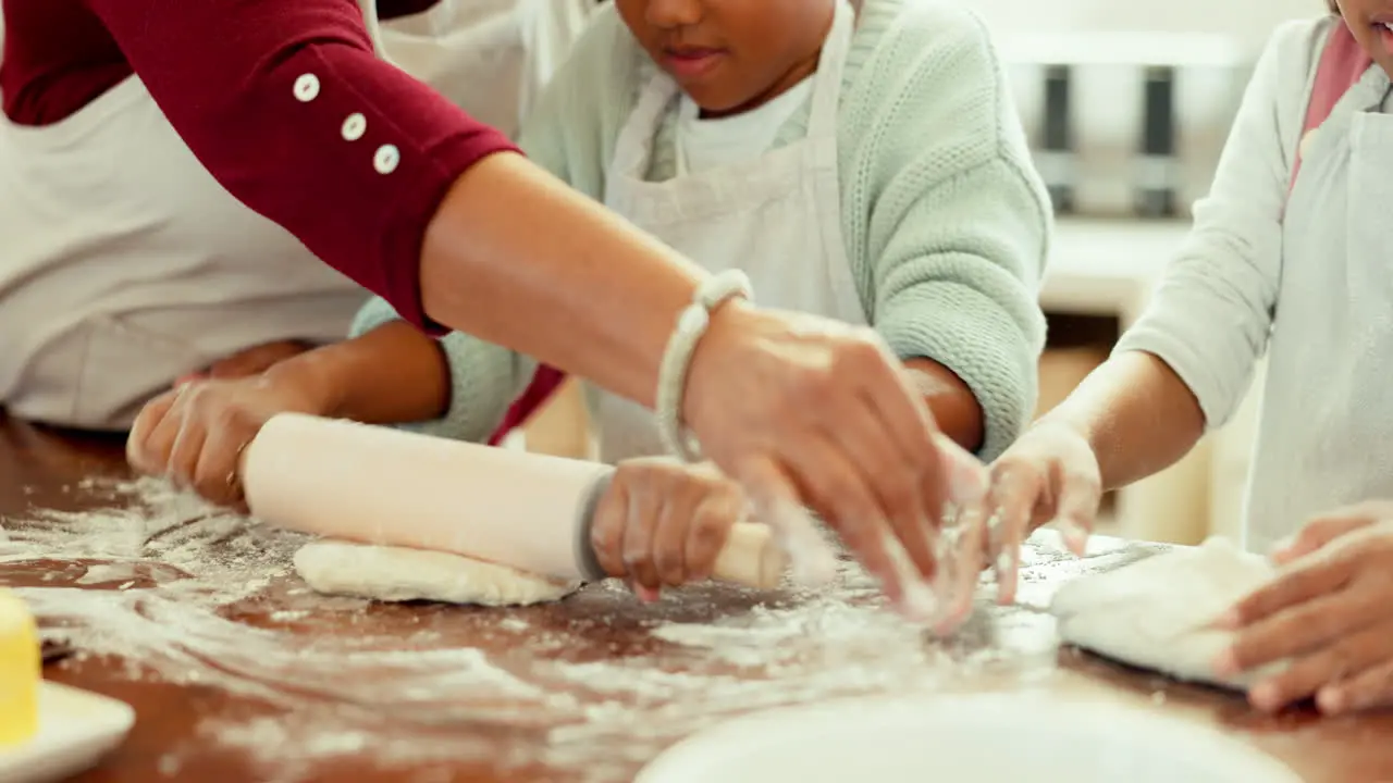 Dough hands and closeup of family baking